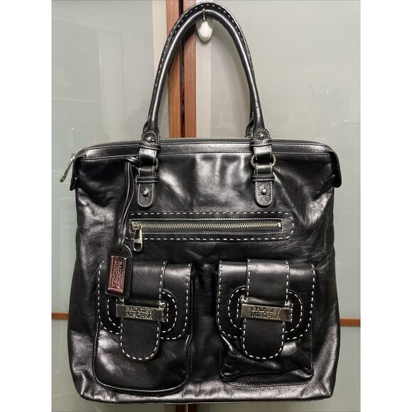 Badgley Mischka Black Leather Double Pocket Front Logo Zip...